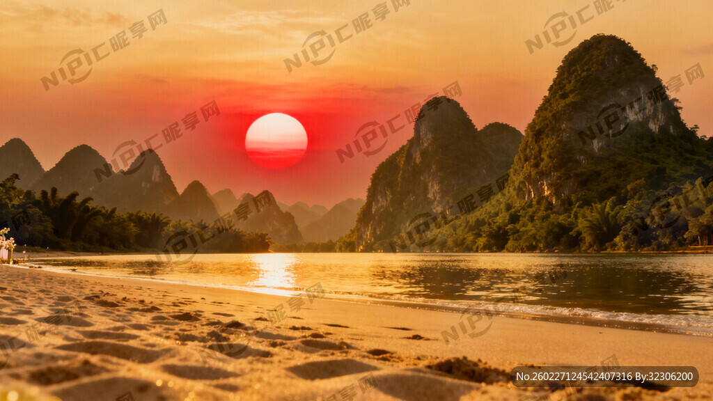 桂林山水落红色日霞光加前景沙滩