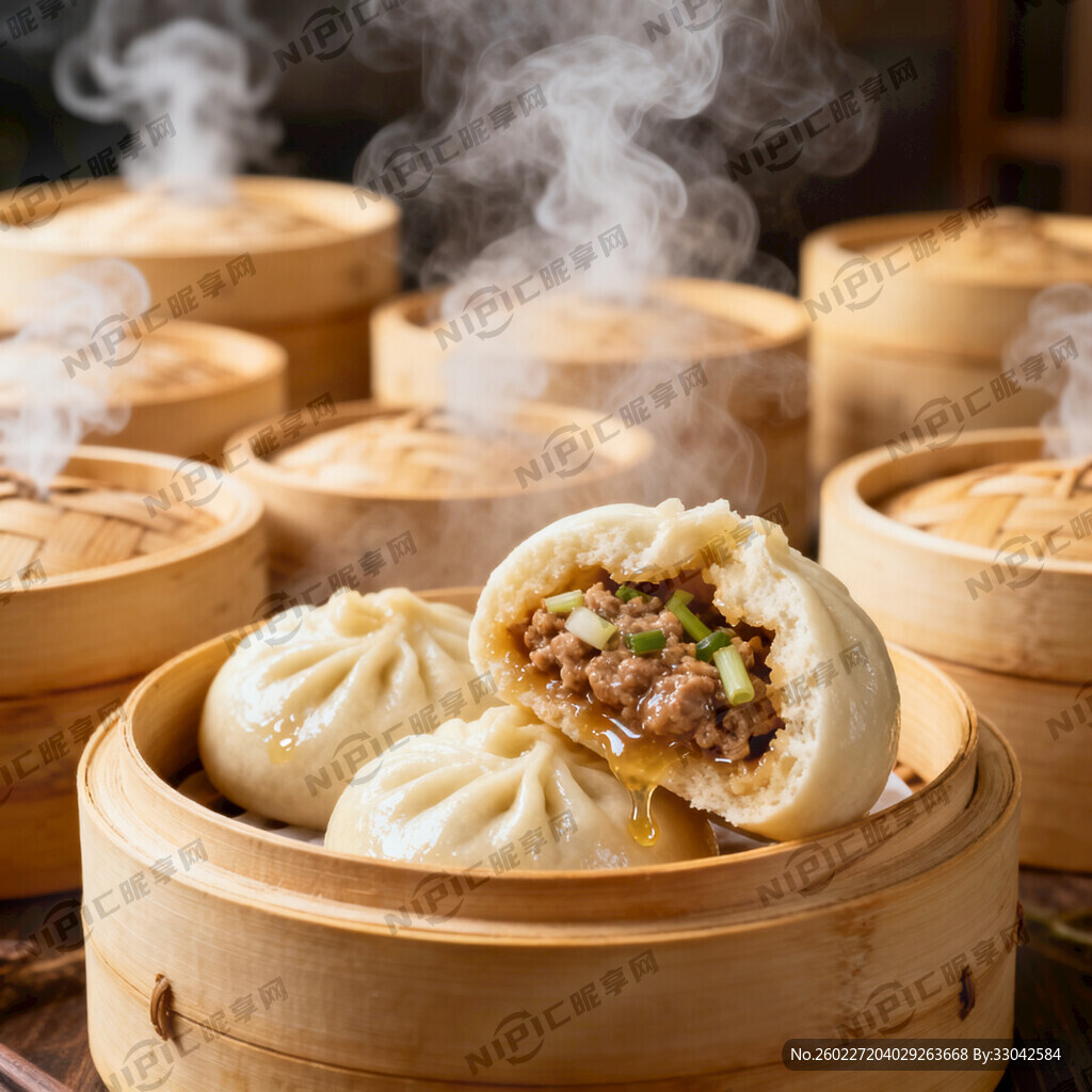 背景有 很多小蒸笼 冒着蒸汽