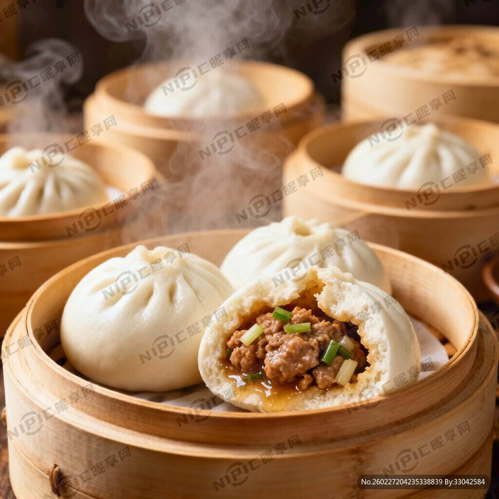 背景有 很多小蒸笼装着包子