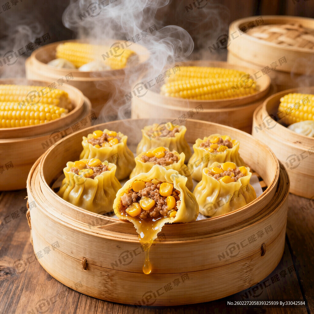 背景有 很多小蒸笼装着玉米饺子