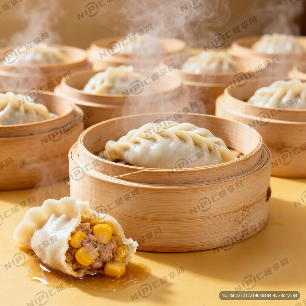 背景有 很多小蒸笼装着饺子