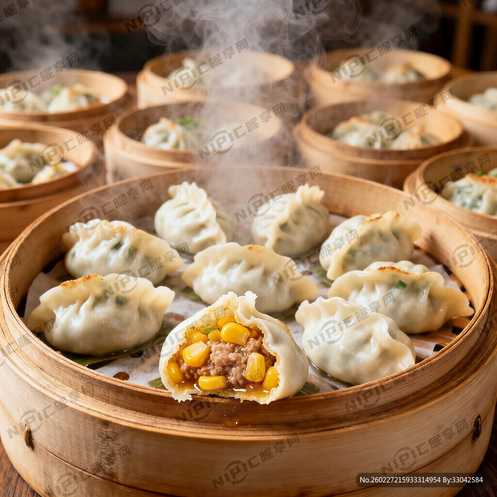 背景有 很多小蒸笼装着饺子