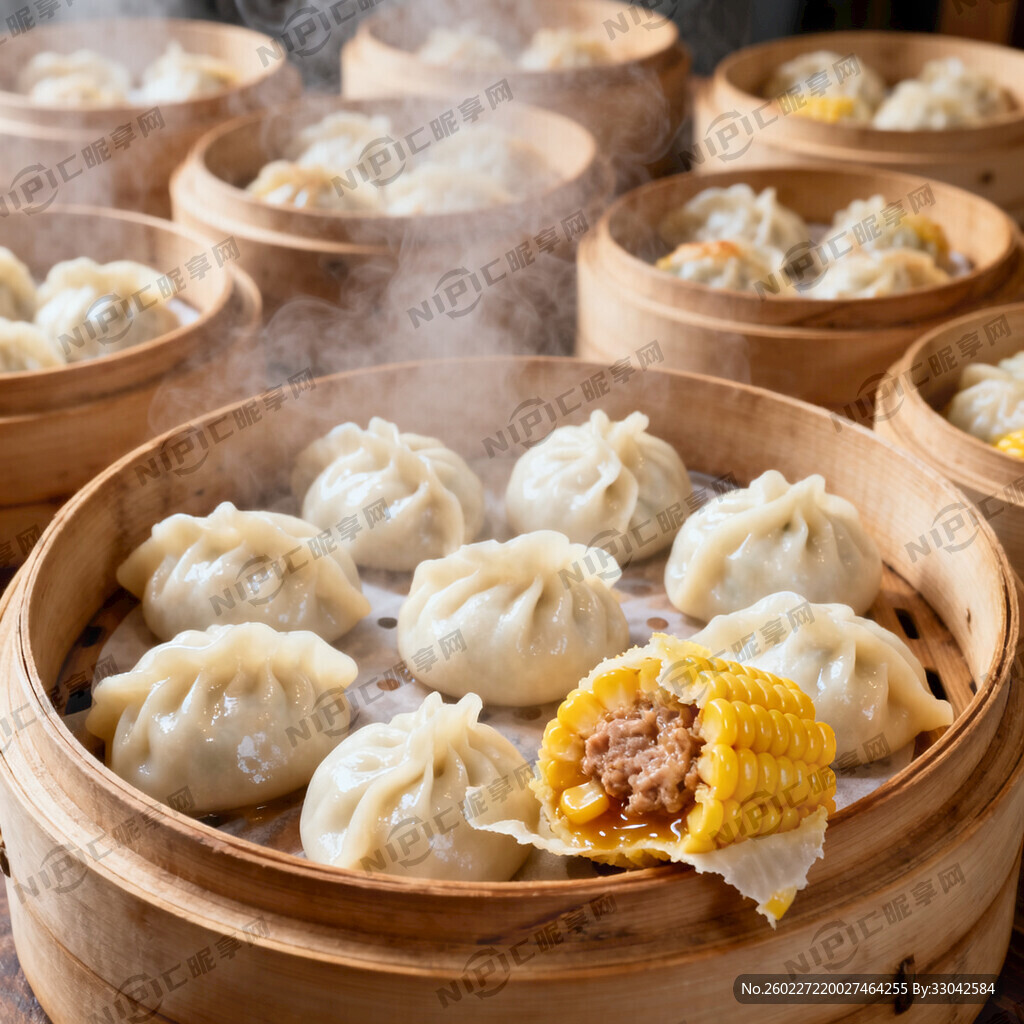 背景有 很多小蒸笼装着饺子