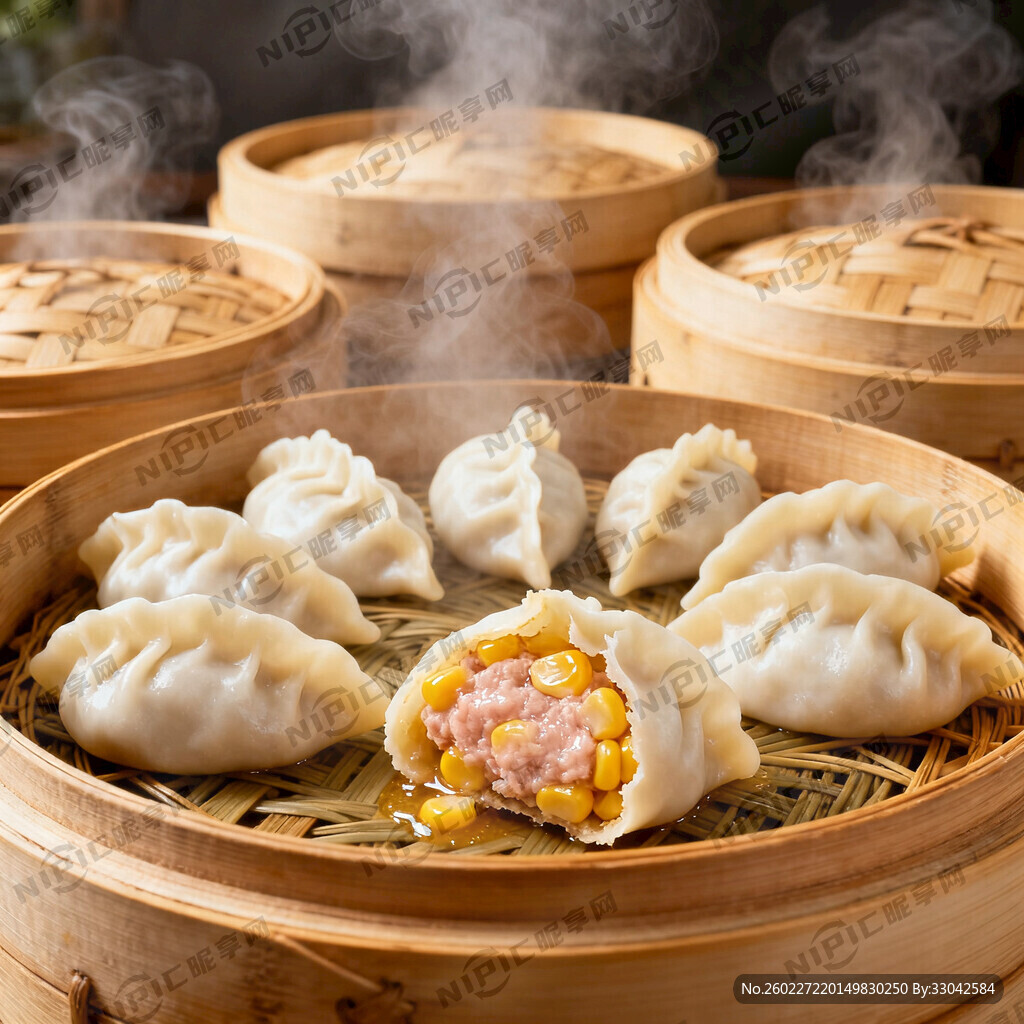 背景有 很多小蒸笼装着饺子