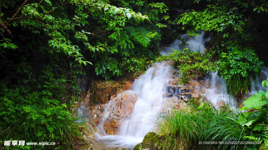 山间溪流瀑布绿意盎然