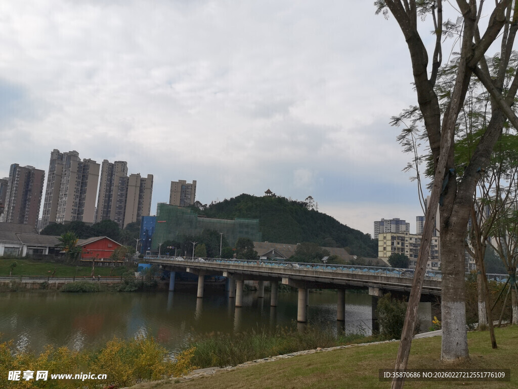 河畔城市风光与桥梁景观