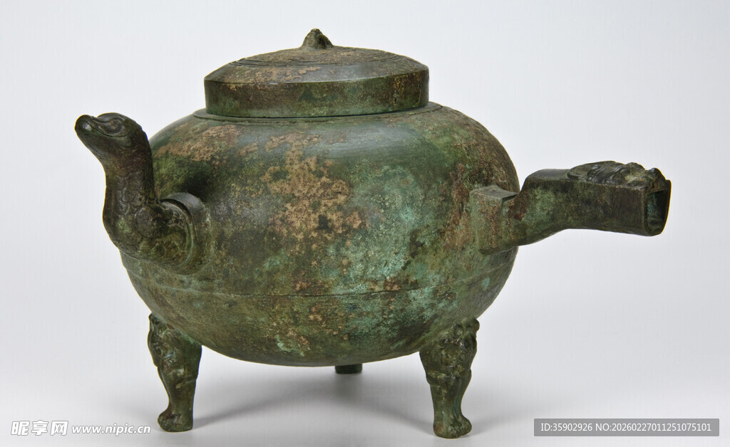 青铜三足带柄古香炉