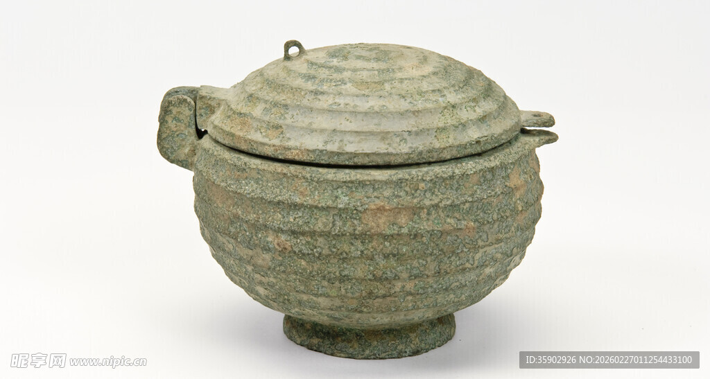 青铜双耳带盖圆腹容器