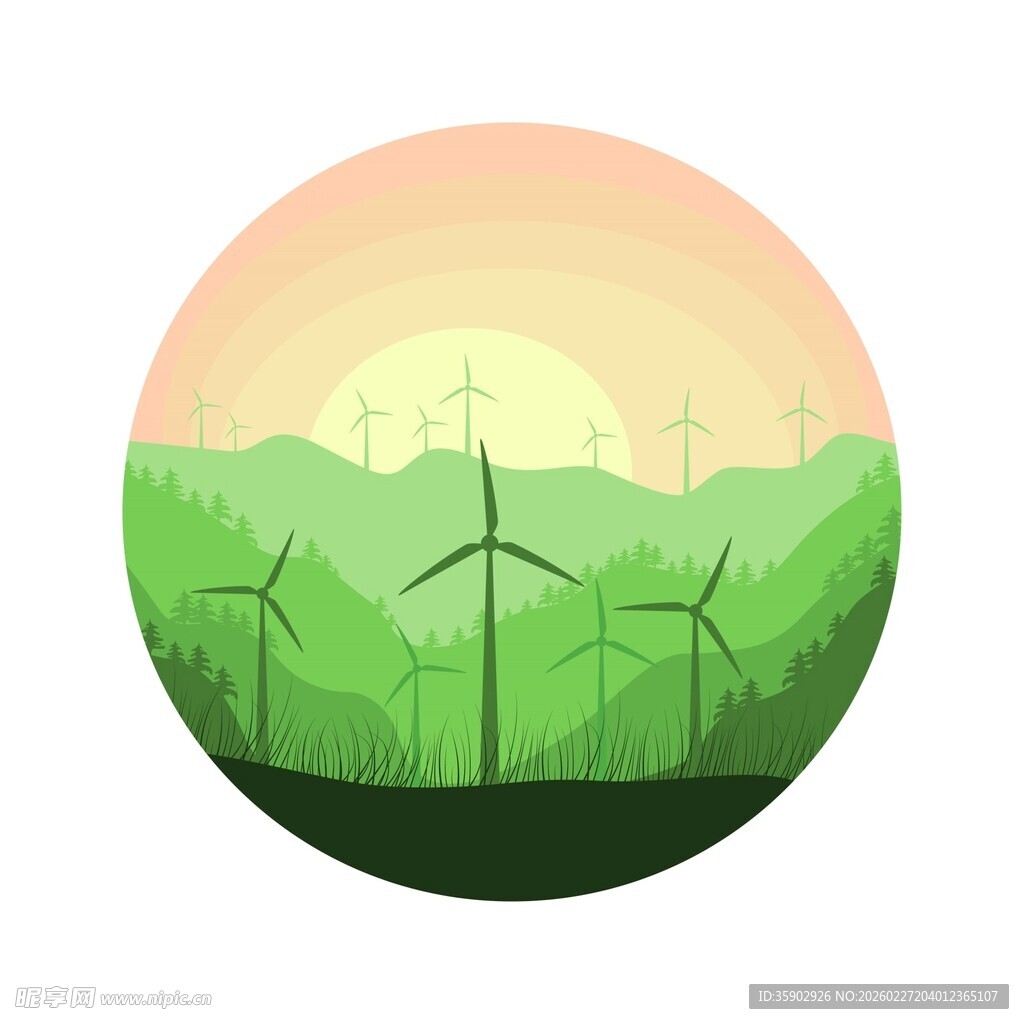 绿色山丘上的风力发电景观