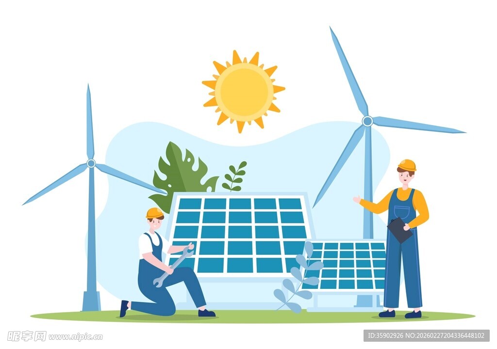 工人安装太阳能板与风机