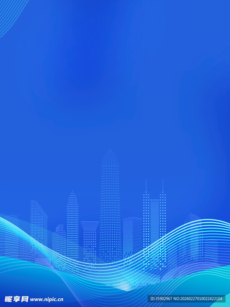 蓝色科技风城市波浪背景图