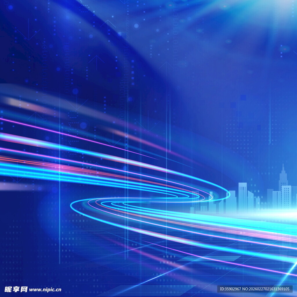 蓝色动感光线城市背景图
