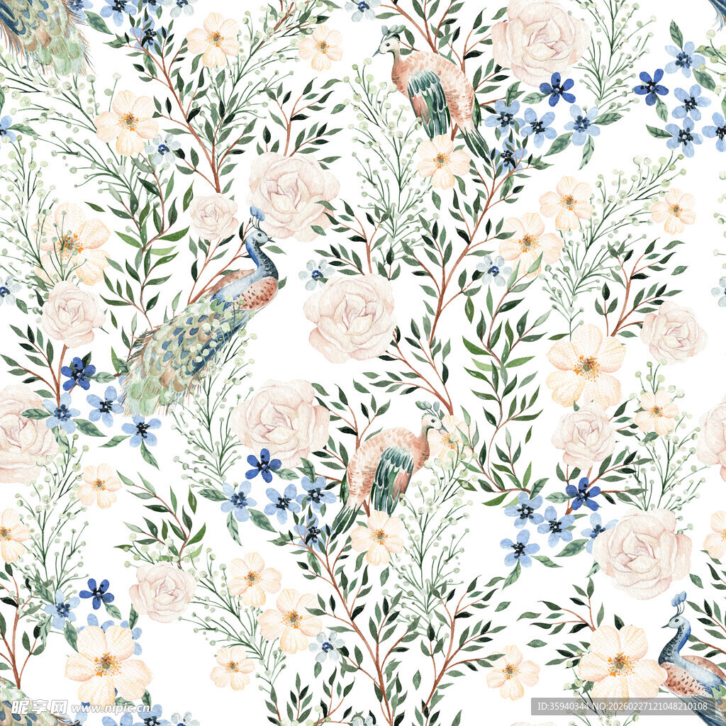 花卉孔雀水彩图案背景无缝循环