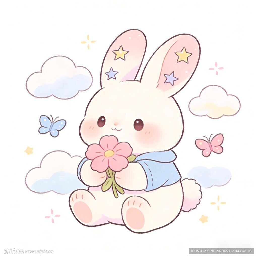 可爱小兔抱花于云朵间