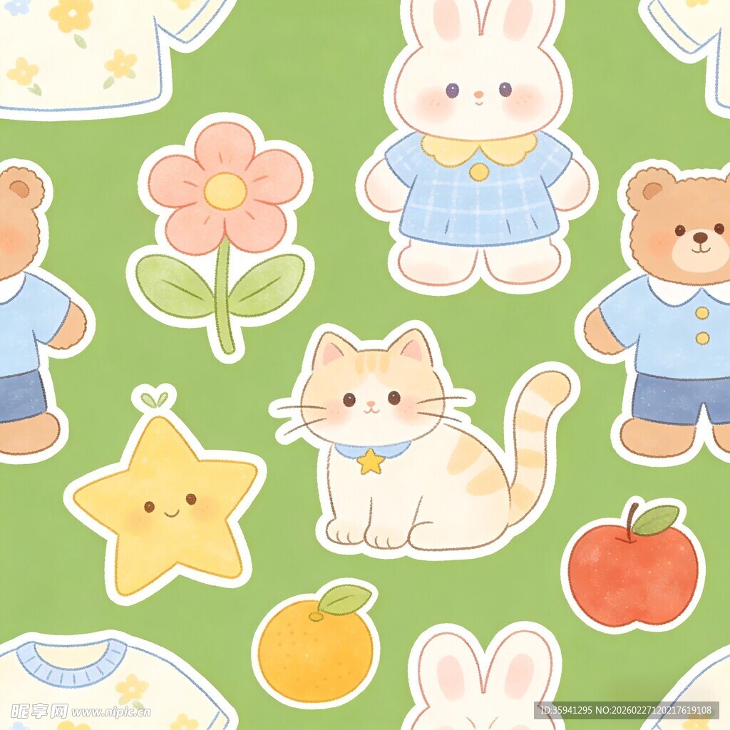 可爱动物与水果卡通图案