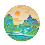圆形山水插画落日映山河