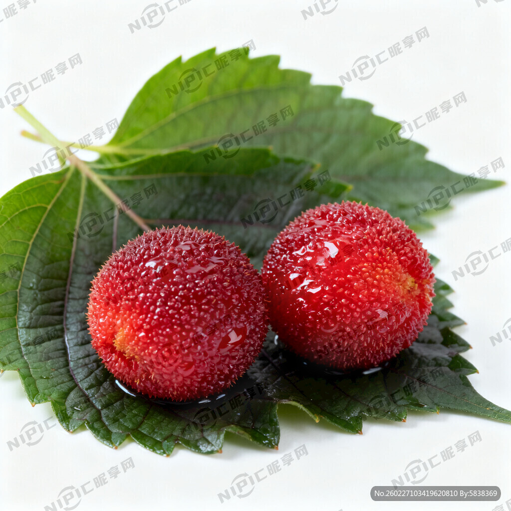 几片紫苏叶配两颗新鲜杨梅