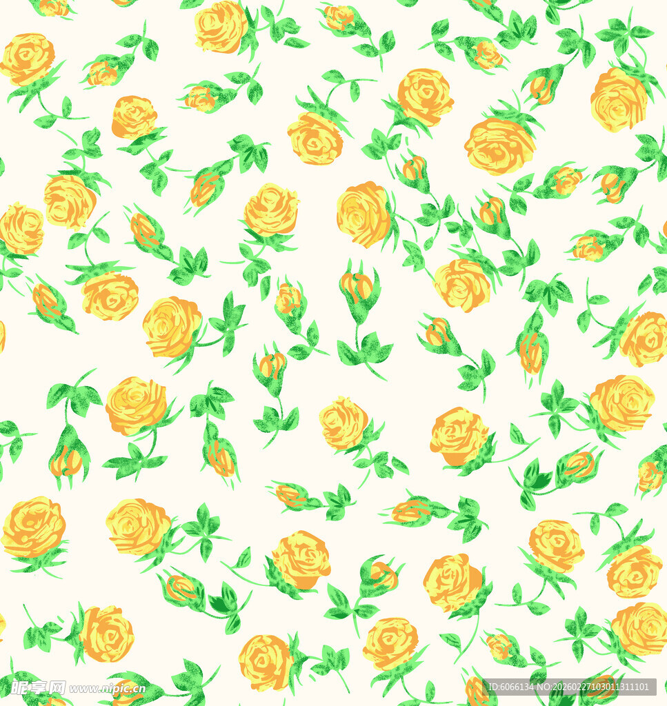 黄色花朵绿叶无缝图案