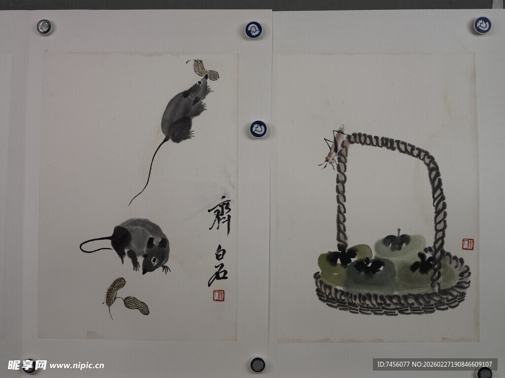 齐白石水墨老鼠与竹篮画作
