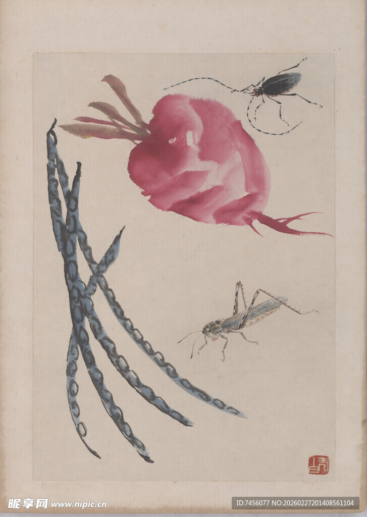 齐白石水墨萝卜与昆虫图