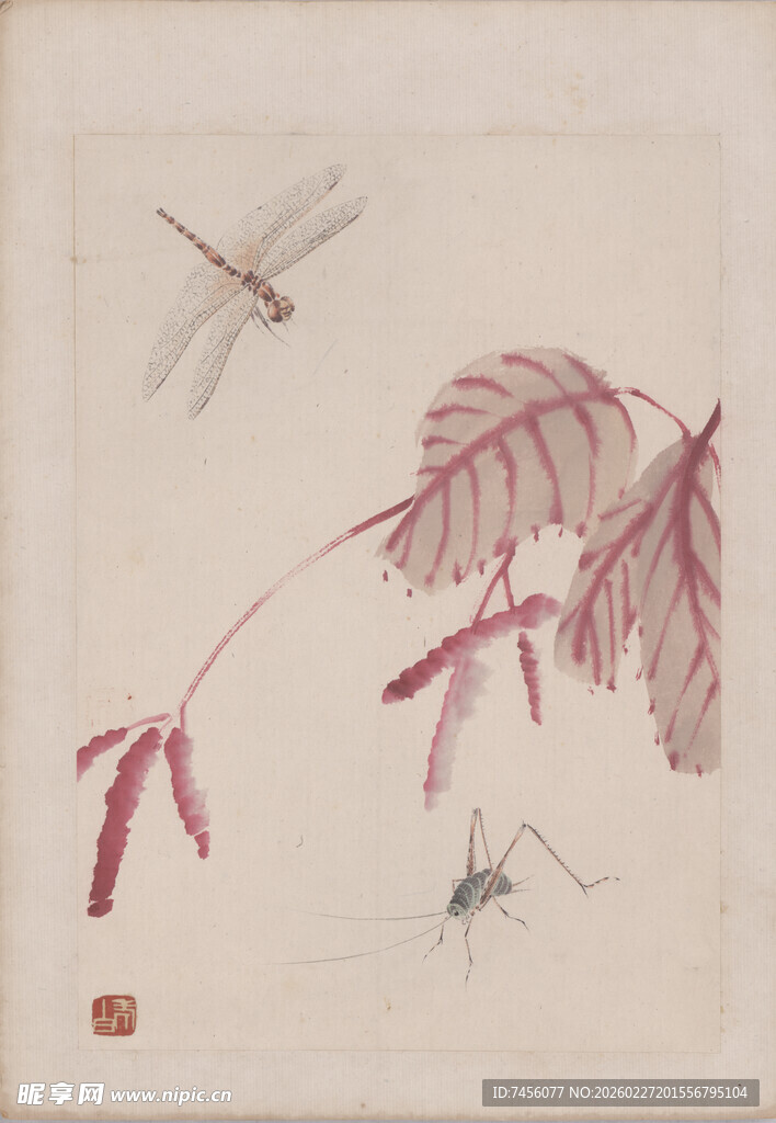 齐白石水墨蜻蜓红叶图