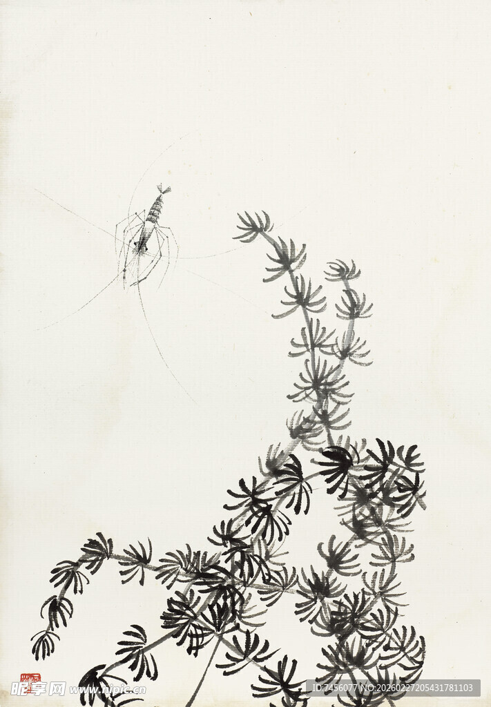 齐白石水墨松枝飞鸟图