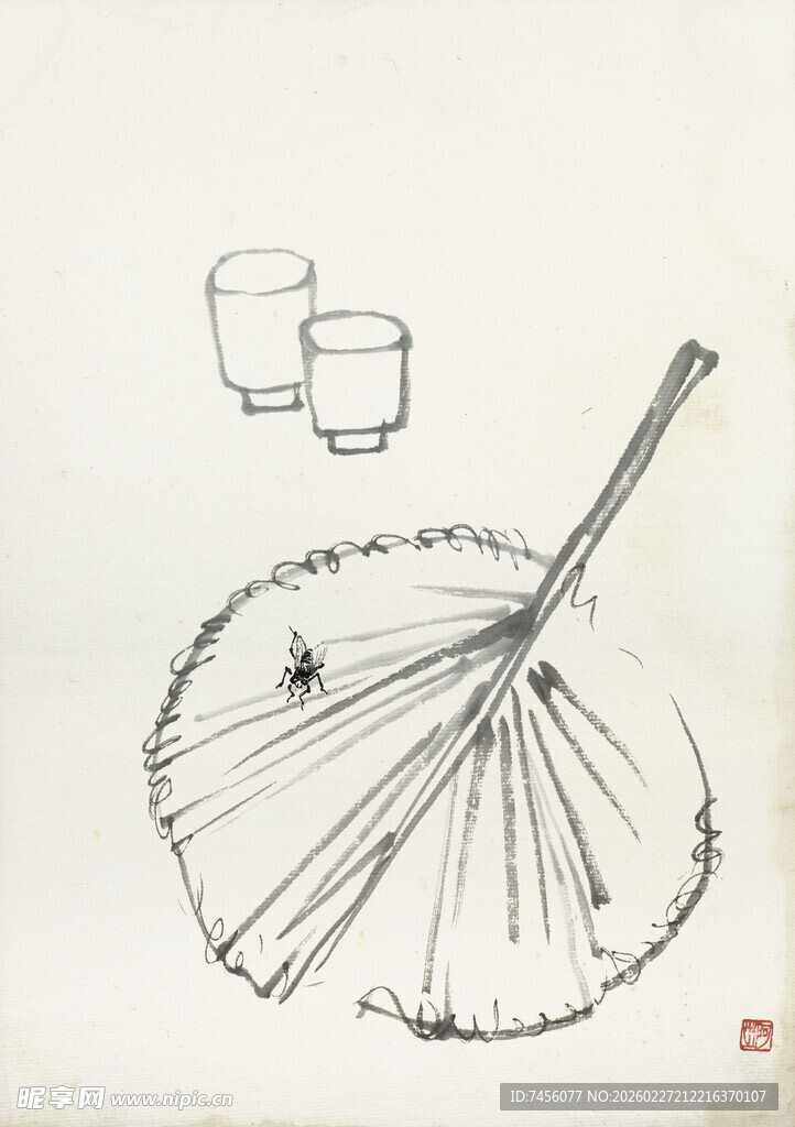 齐白石水墨风折扇与杯具插画