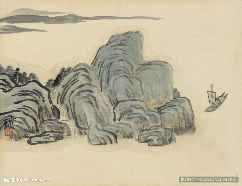 齐白石水墨山水间的孤舟飞鸟