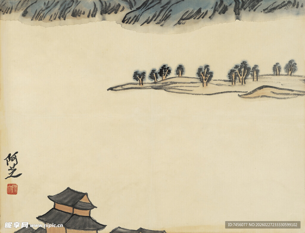 齐白石水墨山水古建筑图景