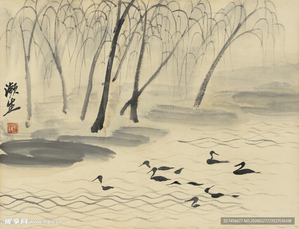 齐白石水墨湖畔柳影群鸭图