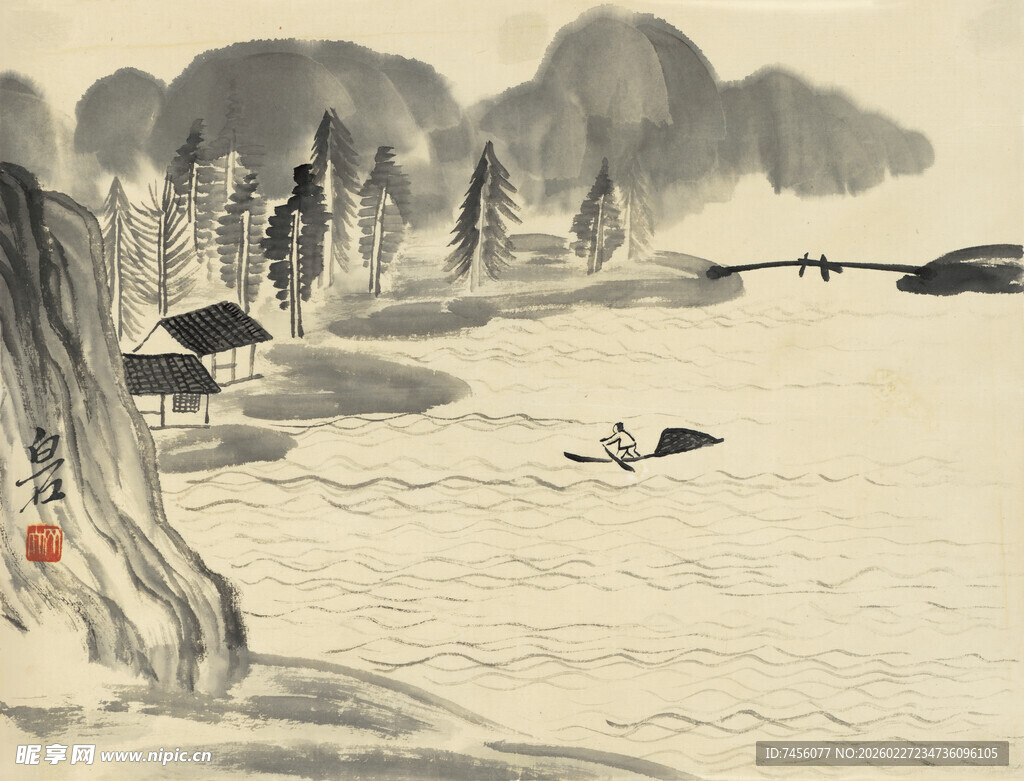 齐白石水墨山水间的孤舟野景