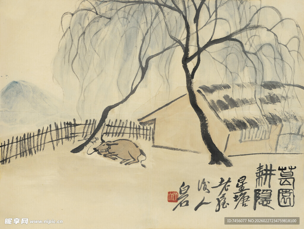 齐白石垂柳茅屋图