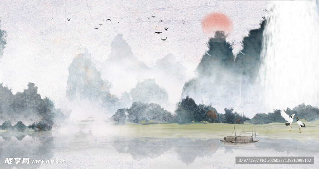 水墨山水间的日出美景