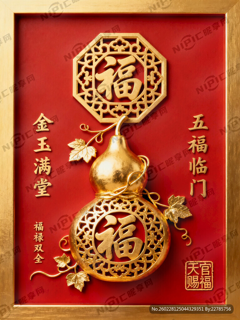 五福临门装饰画 金色葫芦
