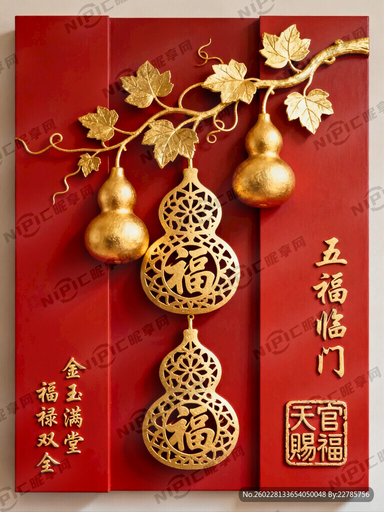 五福临门装饰画 金色葫芦