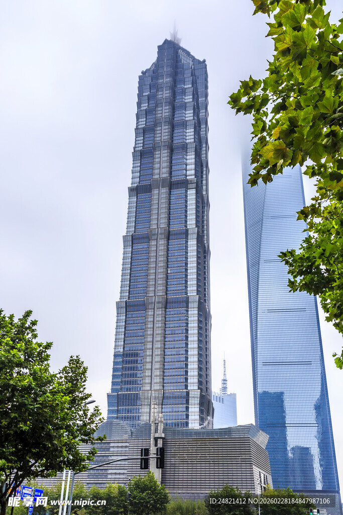 上海摩天大楼与绿树景观