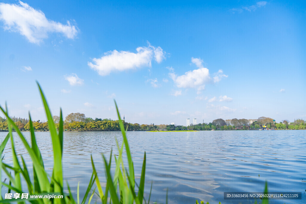 湖畔绿草蓝天湖水美景
