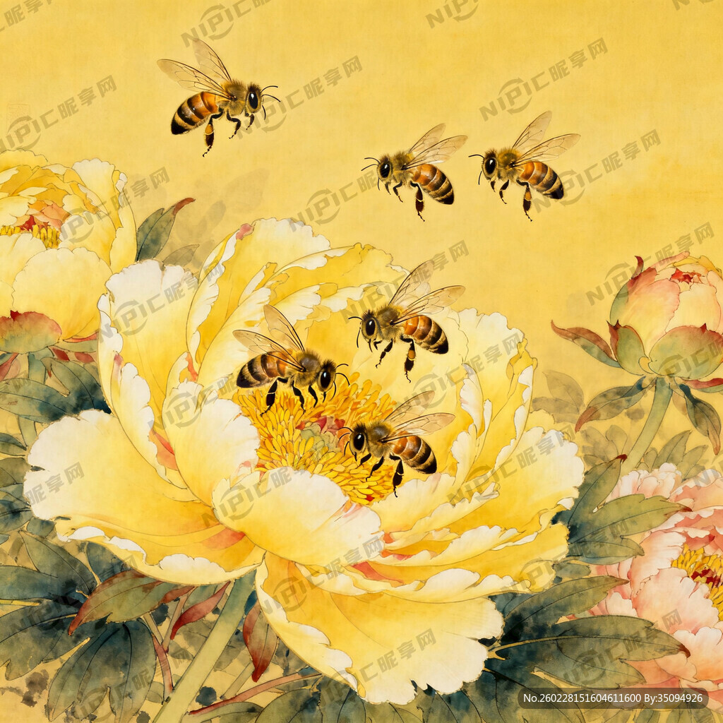 带蜜蜂的花开富贵画5个蜜蜂吸花
