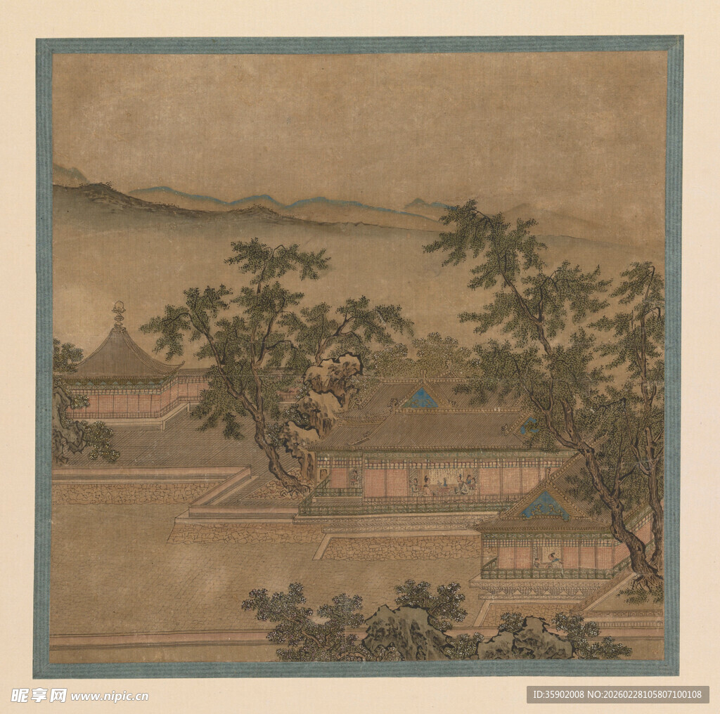 仇英作品古代庭院山水图景