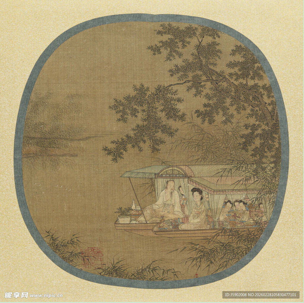 仇英作古意圆扇中的闲适生活场景