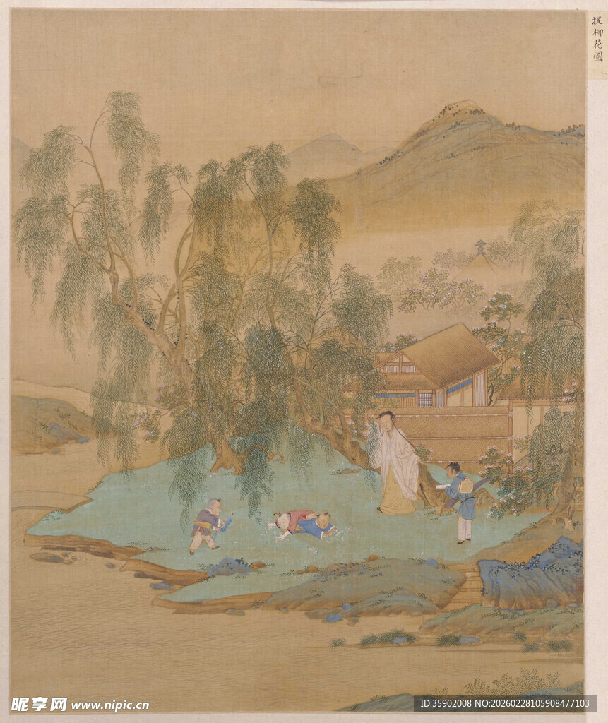 仇英作品古代乡村山水游乐图景