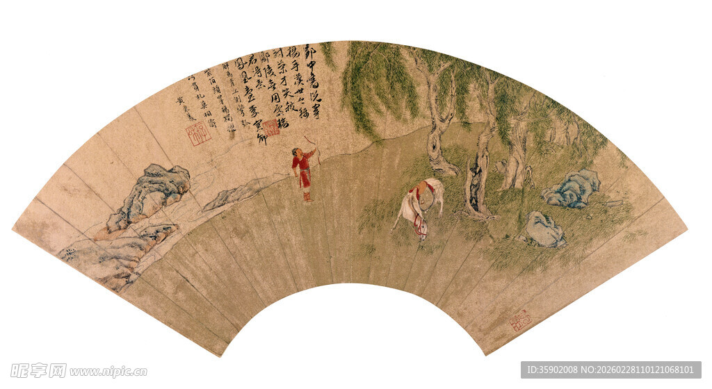 仇英作品古典花鸟折扇