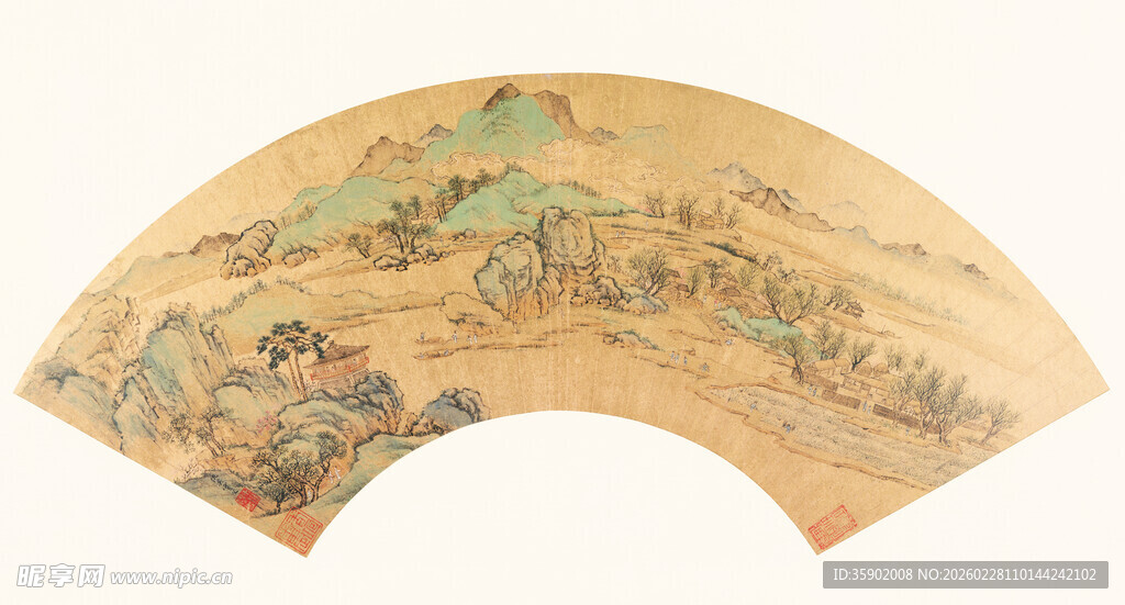 仇英作品古风折扇绘画