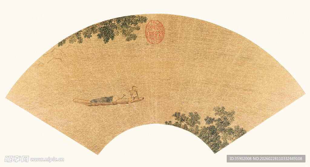 仇英作品古典扇面山水图景