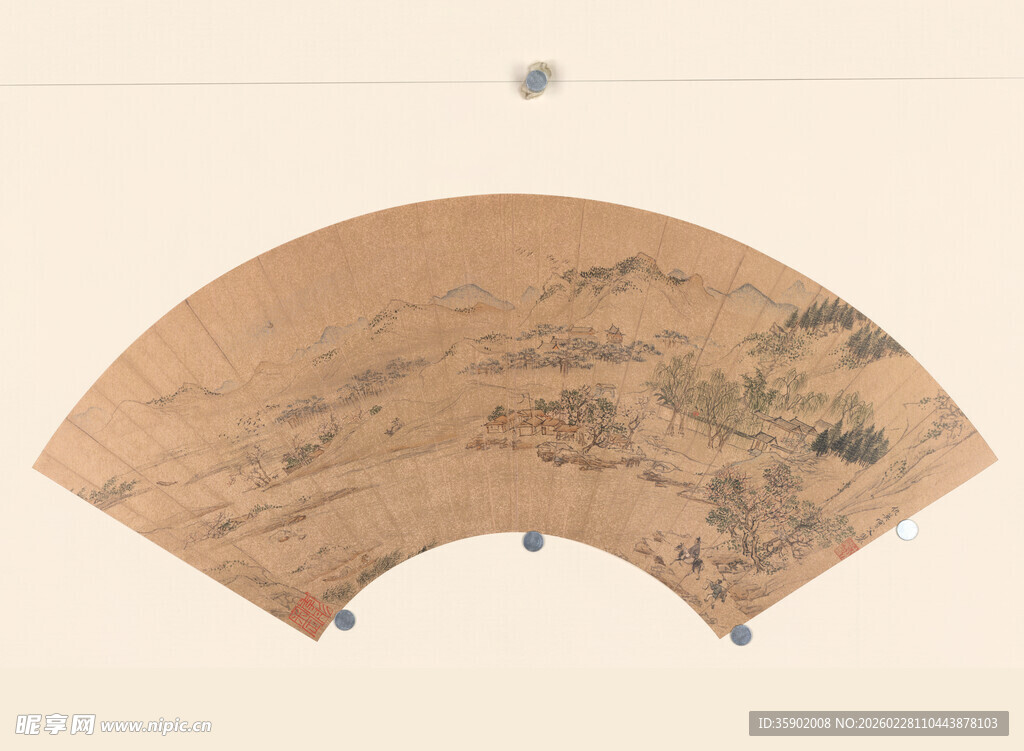 仇英作品古风扇面书画作品