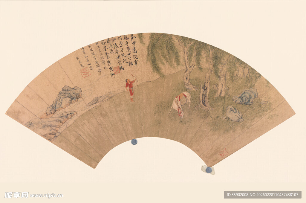 仇英作品古代山水人物扇面画