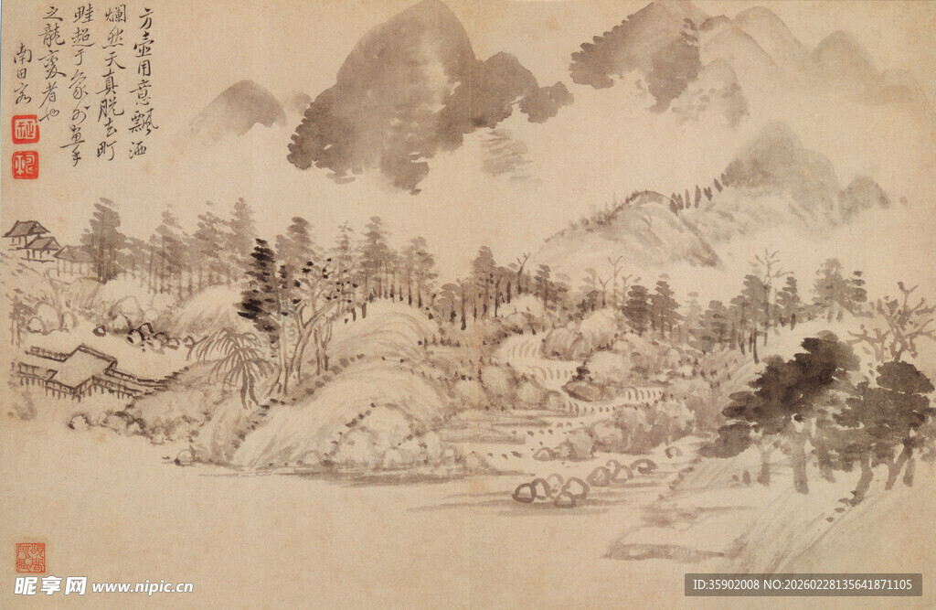 恽寿平水墨山水人物画意境图