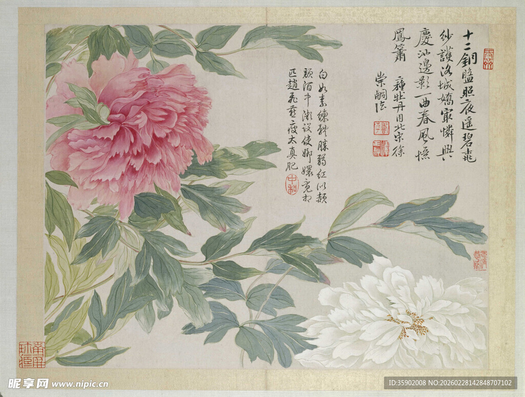 恽寿平国画牡丹花卉图