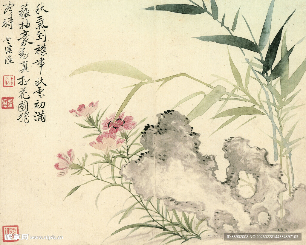 恽寿平水墨花卉奇石图