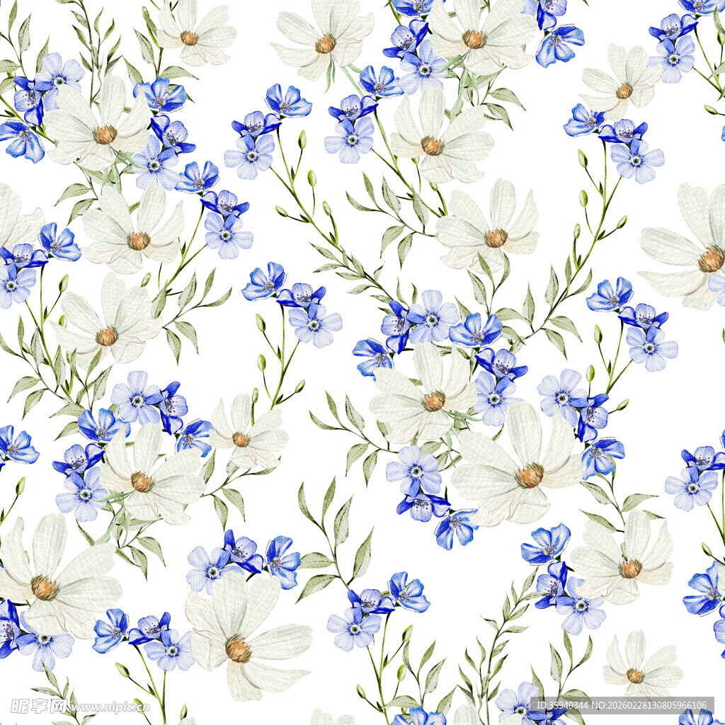 蓝白花卉无缝图案无缝循环